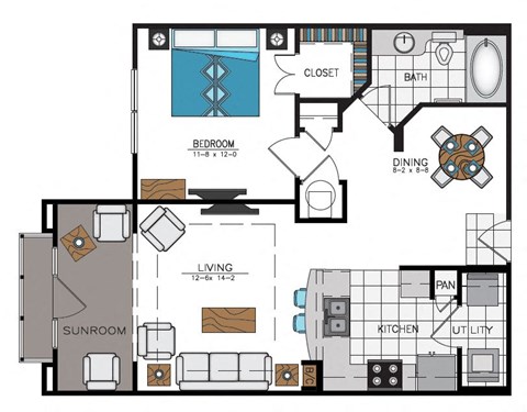 Floor plan for 1 bed, 1 bath, 859 sqft